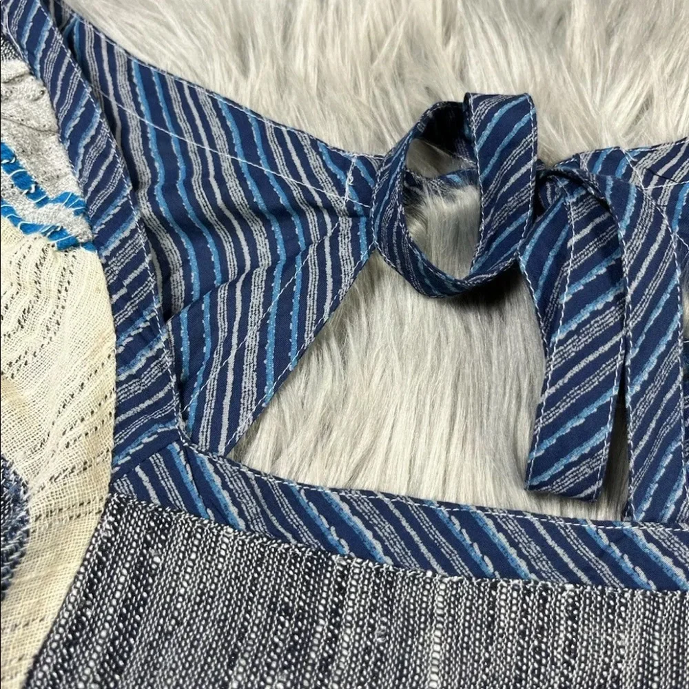 Free People All Lined Up Blue Multi Striped Puff Sleeve Mini Dress XS